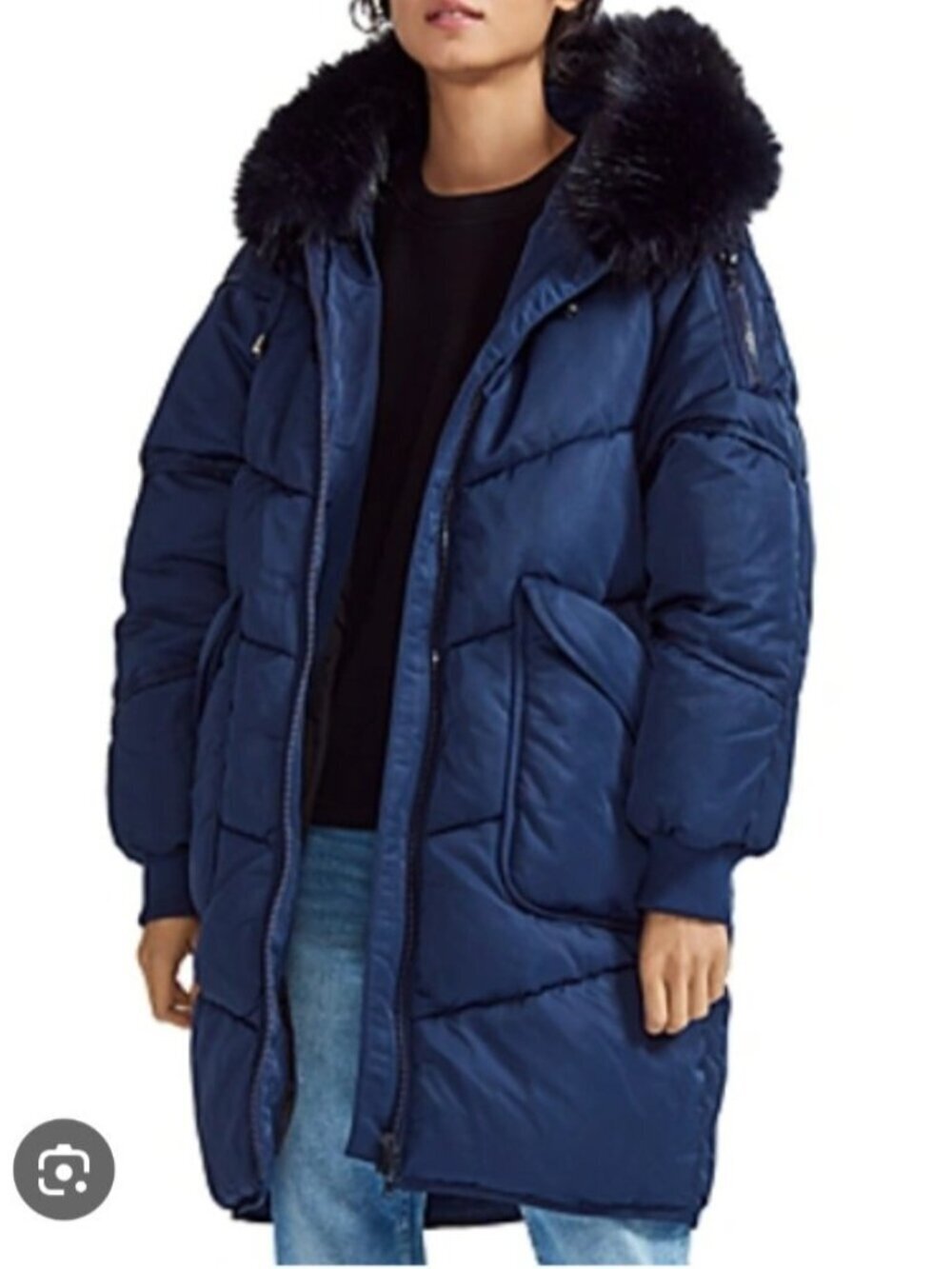 Maje Navy Blue Puffer Coat Fur Hood Women’s Down Style Jacket Winter Parka Sze 4